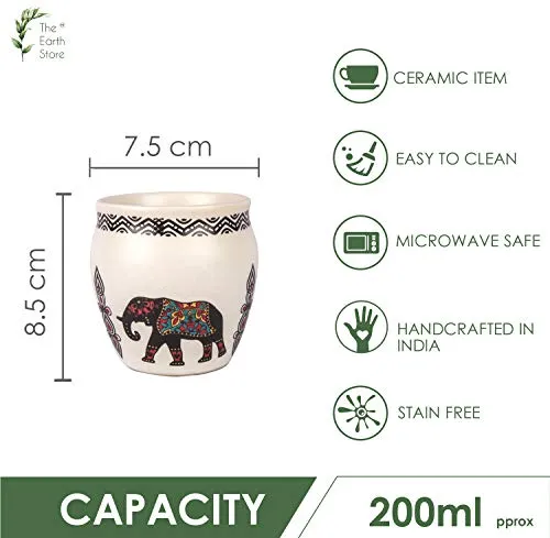 The Earth Store Re-useable Beautiful Elephant Ceramic Handmade Kullad/Cup Without Handle (White, 150 ml) Set of 6