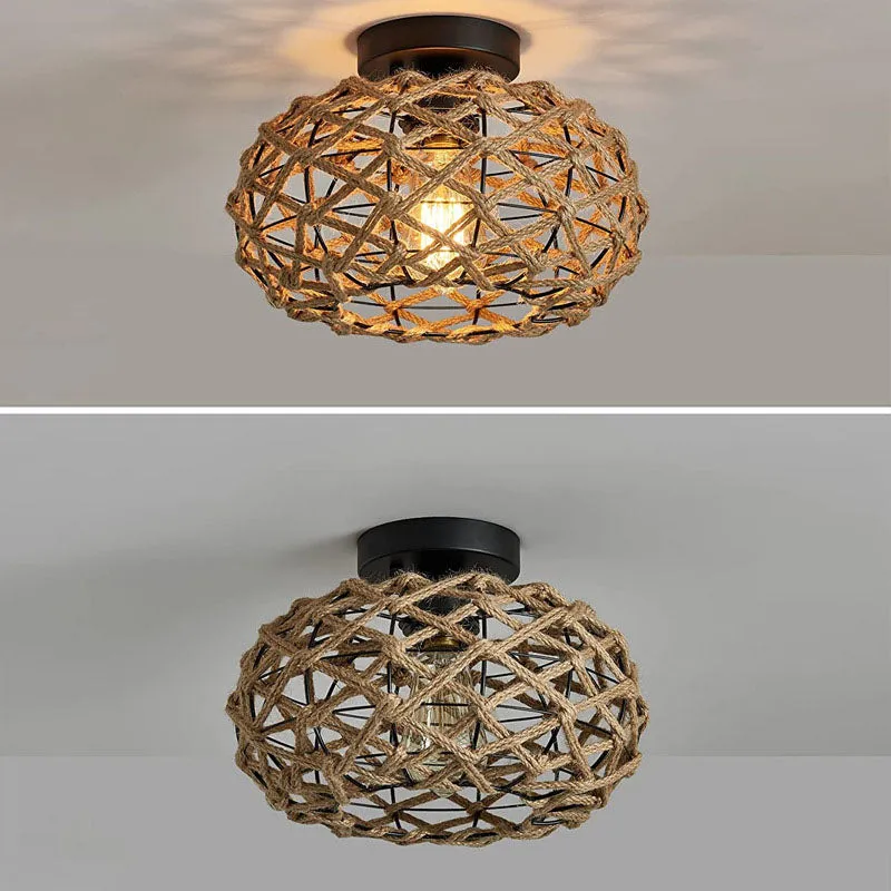 Traditional Rustic Hemp Rope Weaving Iron Cage 1-Light Semi-Flush Mount Ceiling Light For Bedroom