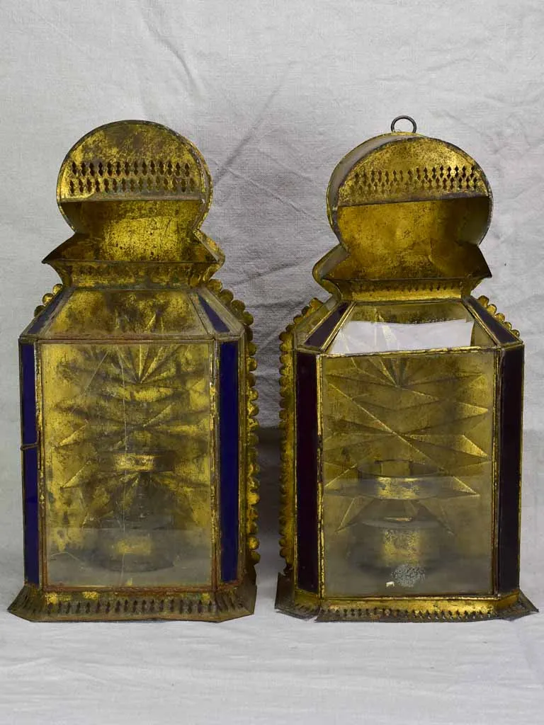 Two antique gold, red and blue wall lanterns 18½