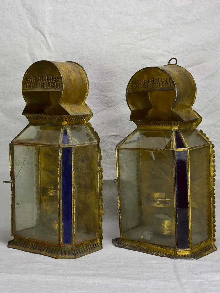 Two antique gold, red and blue wall lanterns 18½