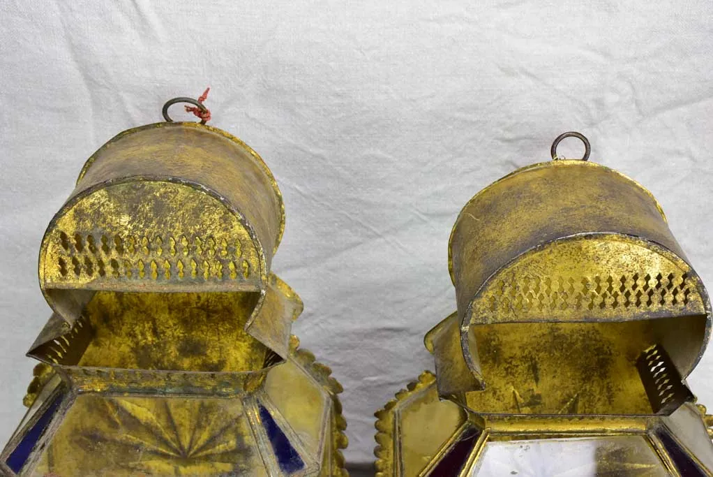 Two antique gold, red and blue wall lanterns 18½