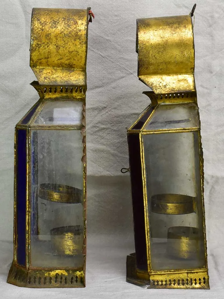 Two antique gold, red and blue wall lanterns 18½