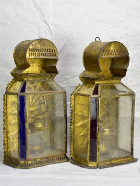 Two antique gold, red and blue wall lanterns 18½