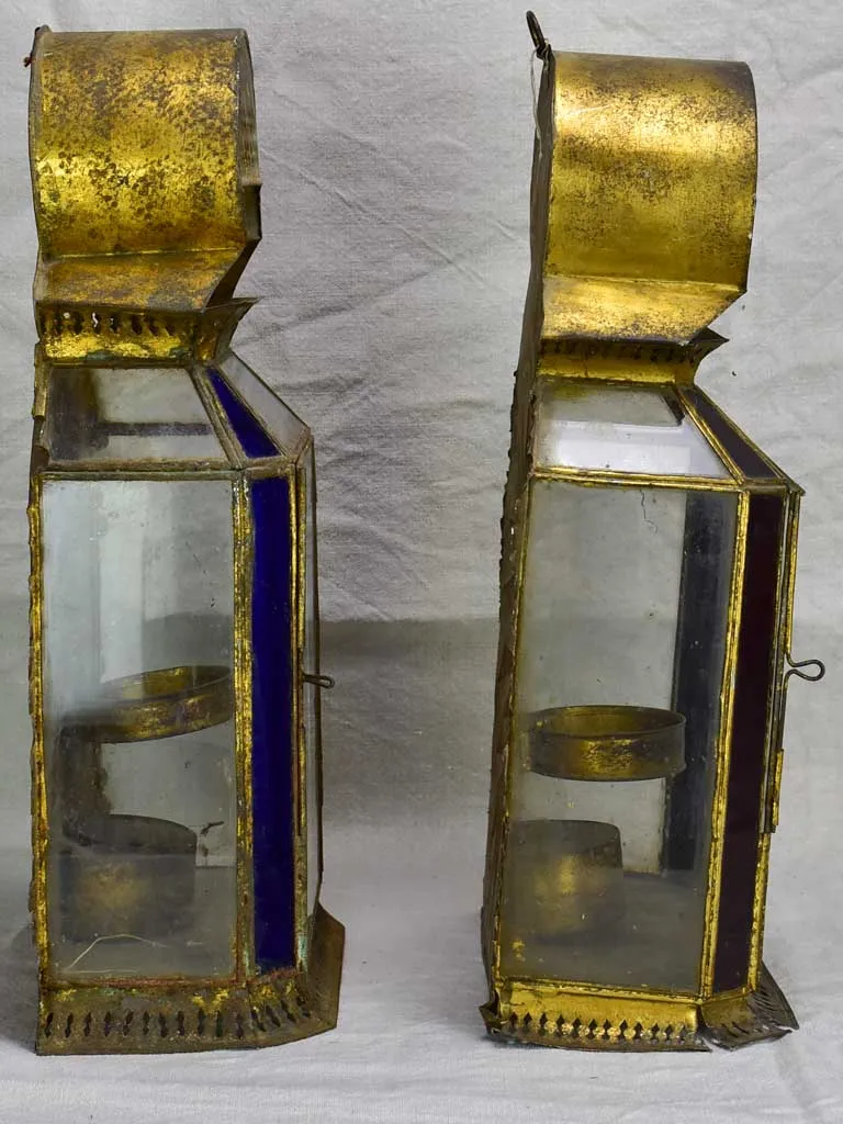 Two antique gold, red and blue wall lanterns 18½