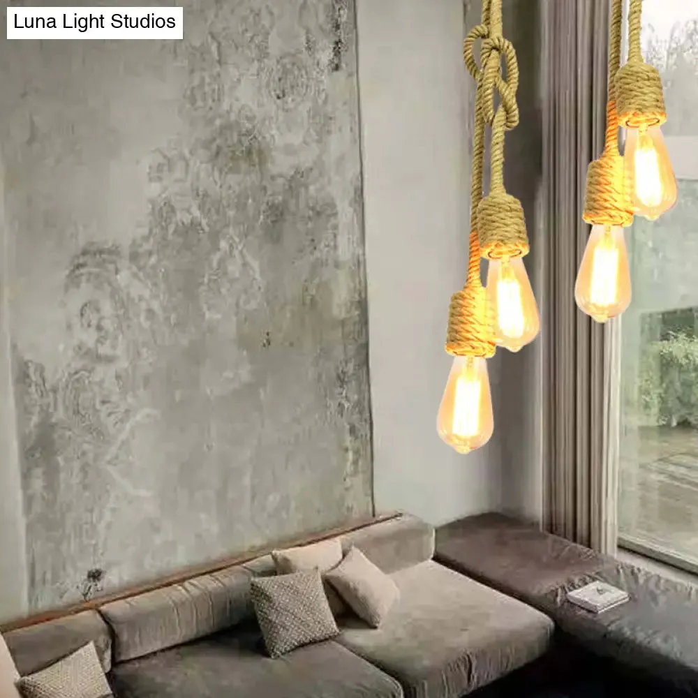 Vintage Beige Rope Pendant Lamp with Exposed Bulbs - 2-Light Cluster for Living Room