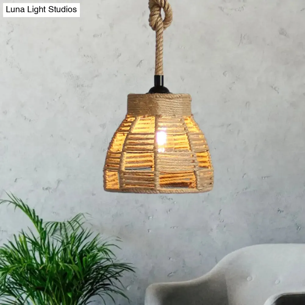 Vintage Industrial Beige Domed Pendant Lighting with Natural Rope - 1-Light Restaurant Hanging Lamp, 10" or 14" Width