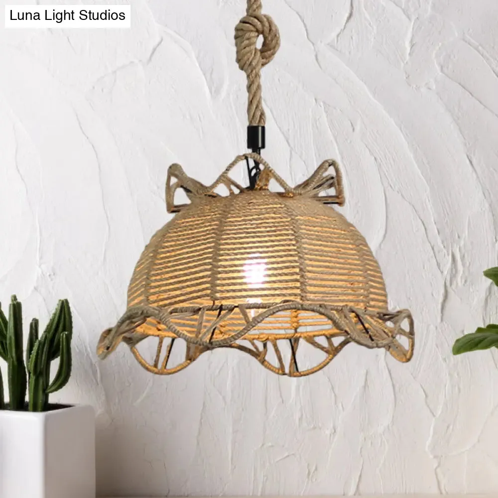 Vintage Industrial Beige Domed Pendant Lighting with Natural Rope - 1-Light Restaurant Hanging Lamp, 10" or 14" Width