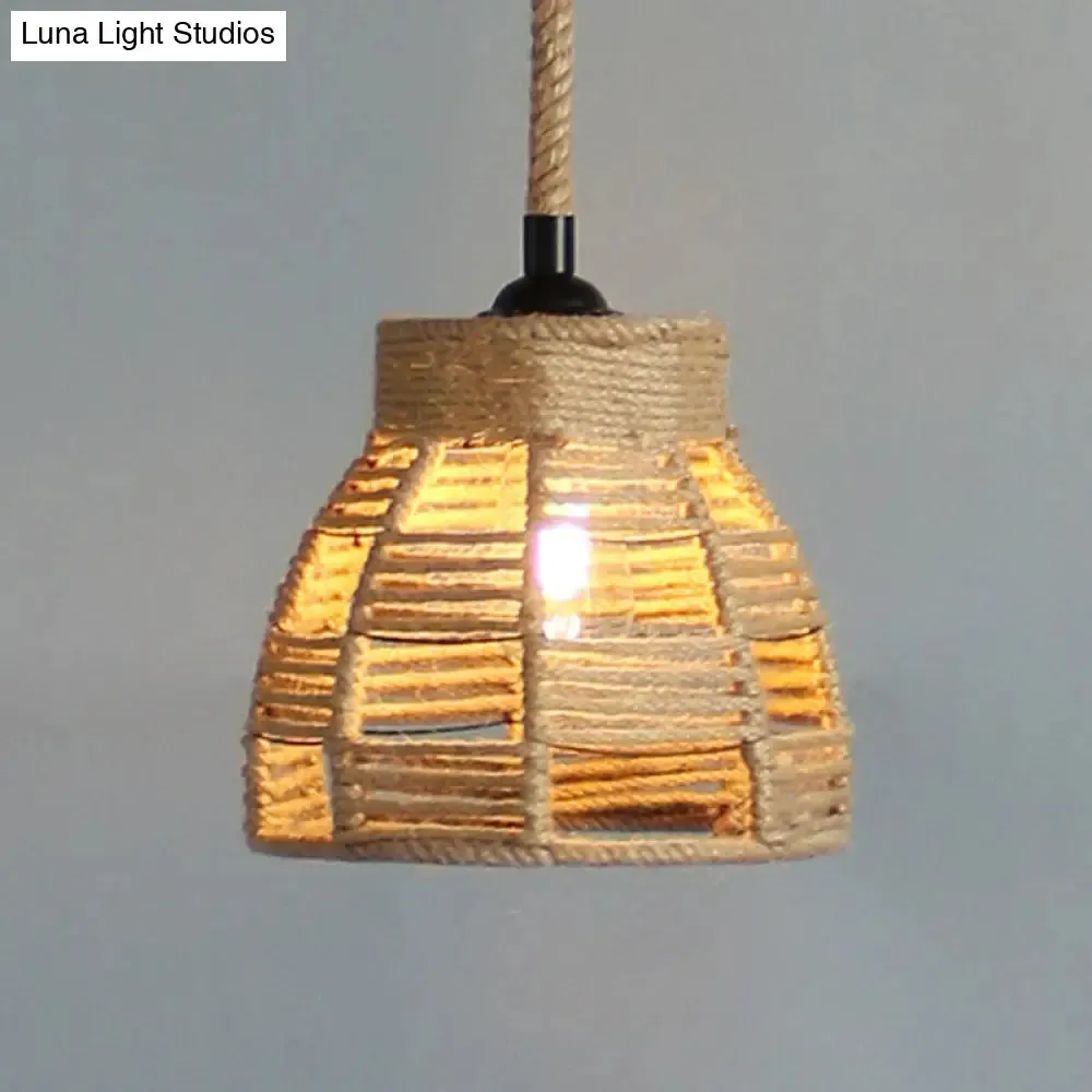 Vintage Industrial Beige Domed Pendant Lighting with Natural Rope - 1-Light Restaurant Hanging Lamp, 10" or 14" Width