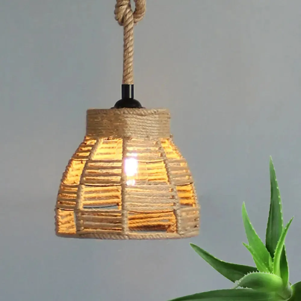 Vintage Industrial Beige Domed Pendant Lighting with Natural Rope - 1-Light Restaurant Hanging Lamp, 10" or 14" Width