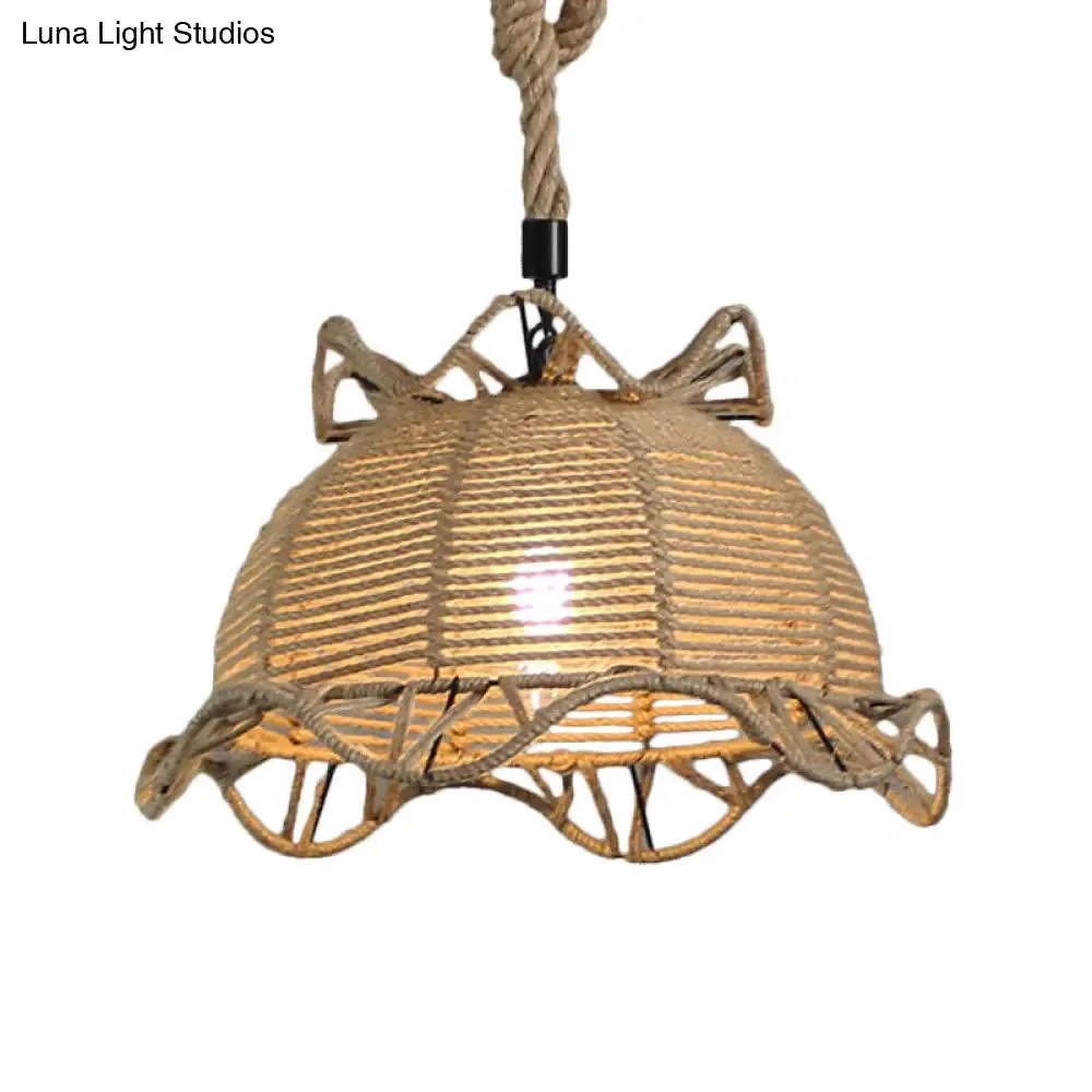 Vintage Industrial Beige Domed Pendant Lighting with Natural Rope - 1-Light Restaurant Hanging Lamp, 10" or 14" Width