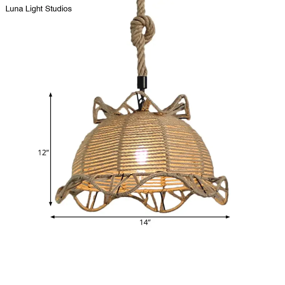 Vintage Industrial Beige Domed Pendant Lighting with Natural Rope - 1-Light Restaurant Hanging Lamp, 10" or 14" Width