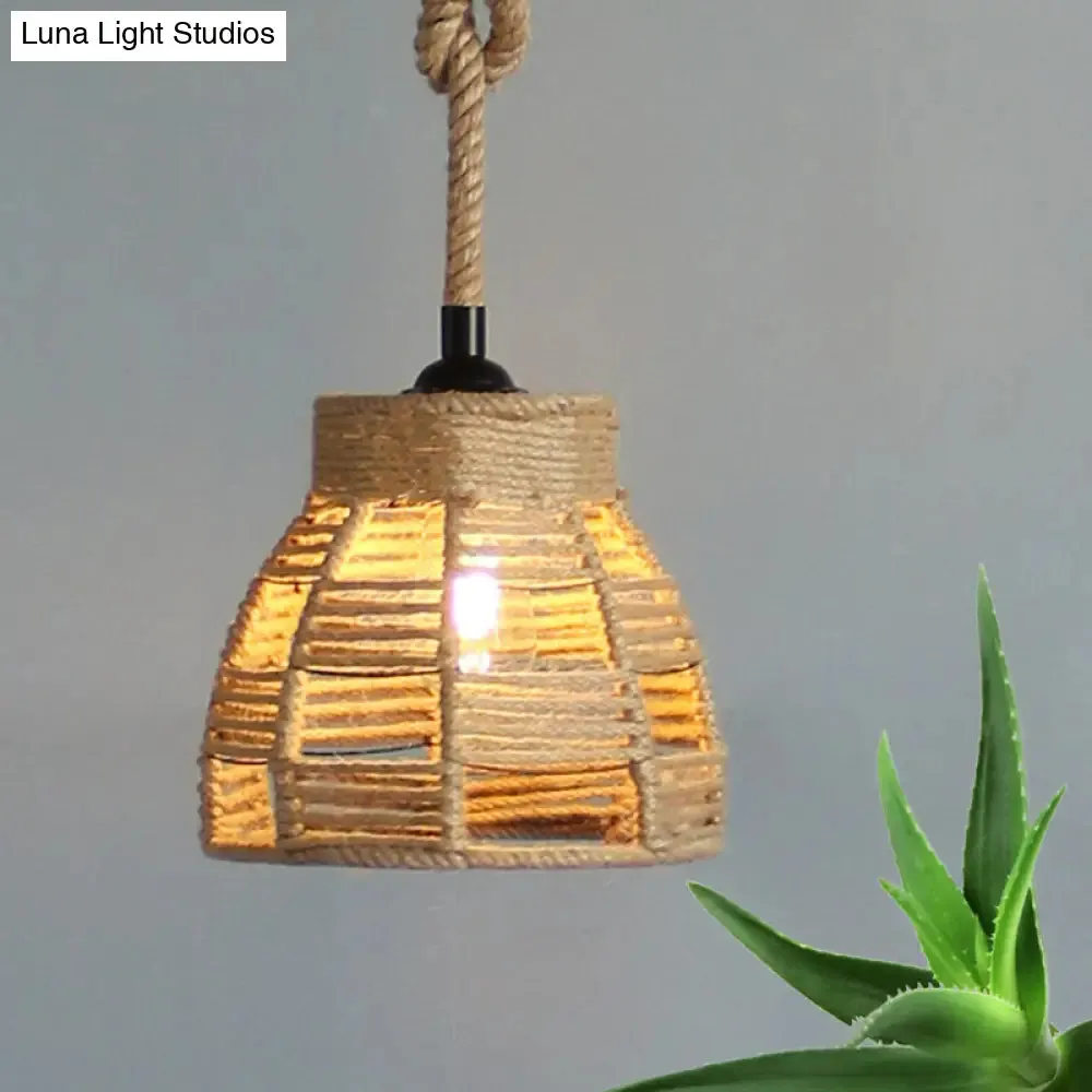 Vintage Industrial Beige Domed Pendant Lighting with Natural Rope - 1-Light Restaurant Hanging Lamp, 10" or 14" Width