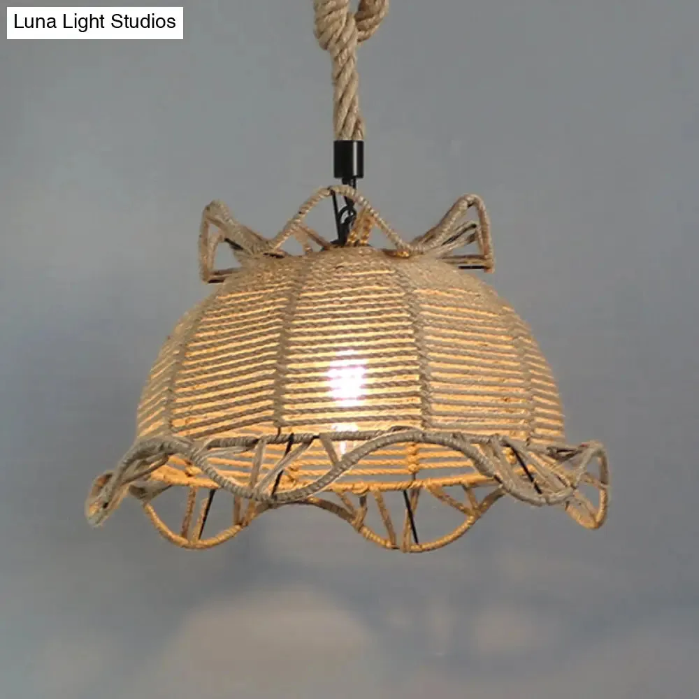 Vintage Industrial Beige Domed Pendant Lighting with Natural Rope - 1-Light Restaurant Hanging Lamp, 10" or 14" Width