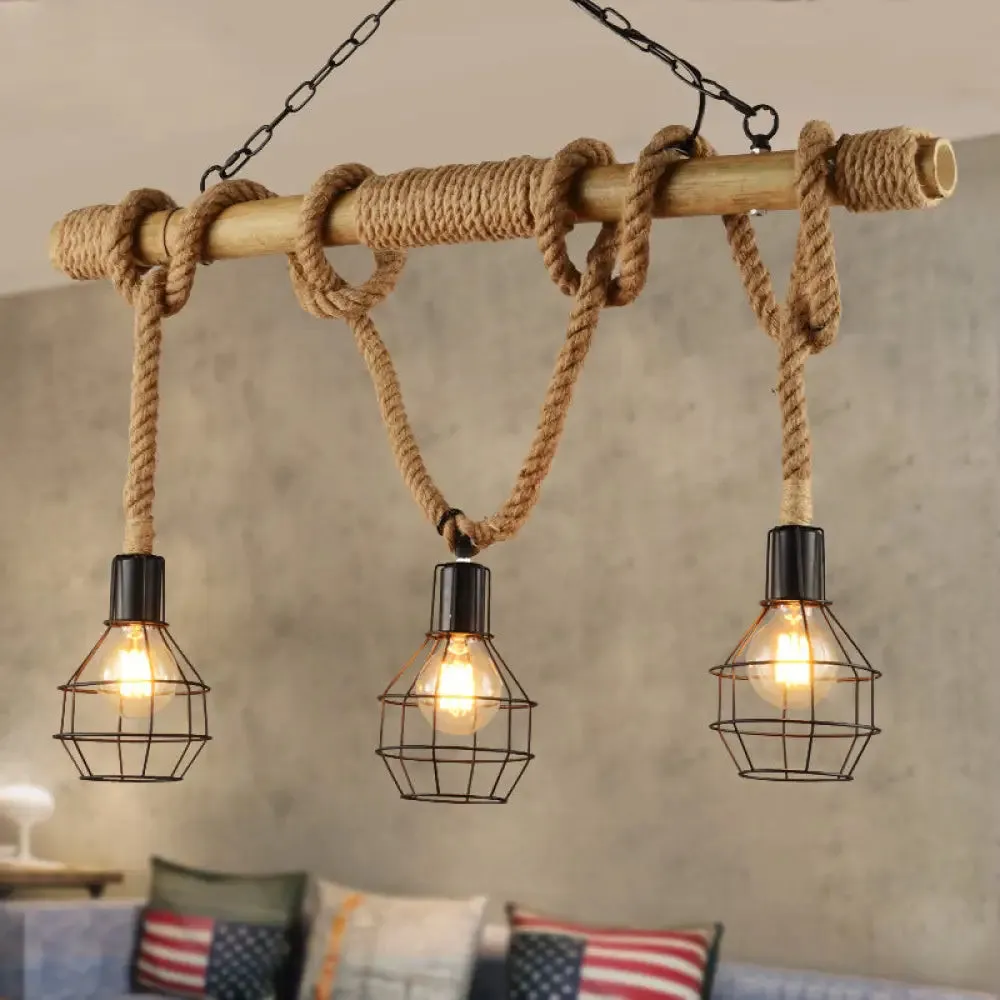 Vintage Industrial Pendant Light with Adjustable Natural Rope - Metal Cage Island Light, 3 Lights - Black