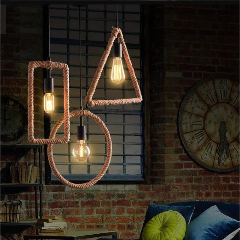 Vintage Iorn Painted Creative Geometric Rope Pendant Lights LED Pendant Lamp For Living Room Bedroom Hallway Kitchen Cafe