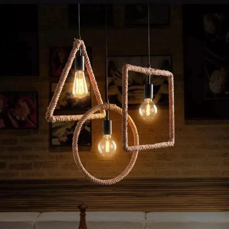 Vintage Iorn Painted Creative Geometric Rope Pendant Lights LED Pendant Lamp For Living Room Bedroom Hallway Kitchen Cafe