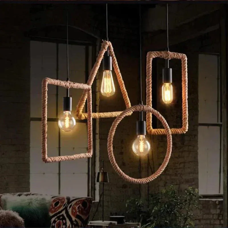 Vintage Iorn Painted Creative Geometric Rope Pendant Lights LED Pendant Lamp For Living Room Bedroom Hallway Kitchen Cafe