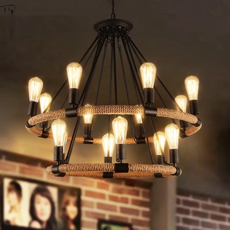 Vintage Retro Hemp Rope Industrial Pendant Light for Living Room Home Design Kitchen Light Fixtures Restaurant Bar Loft