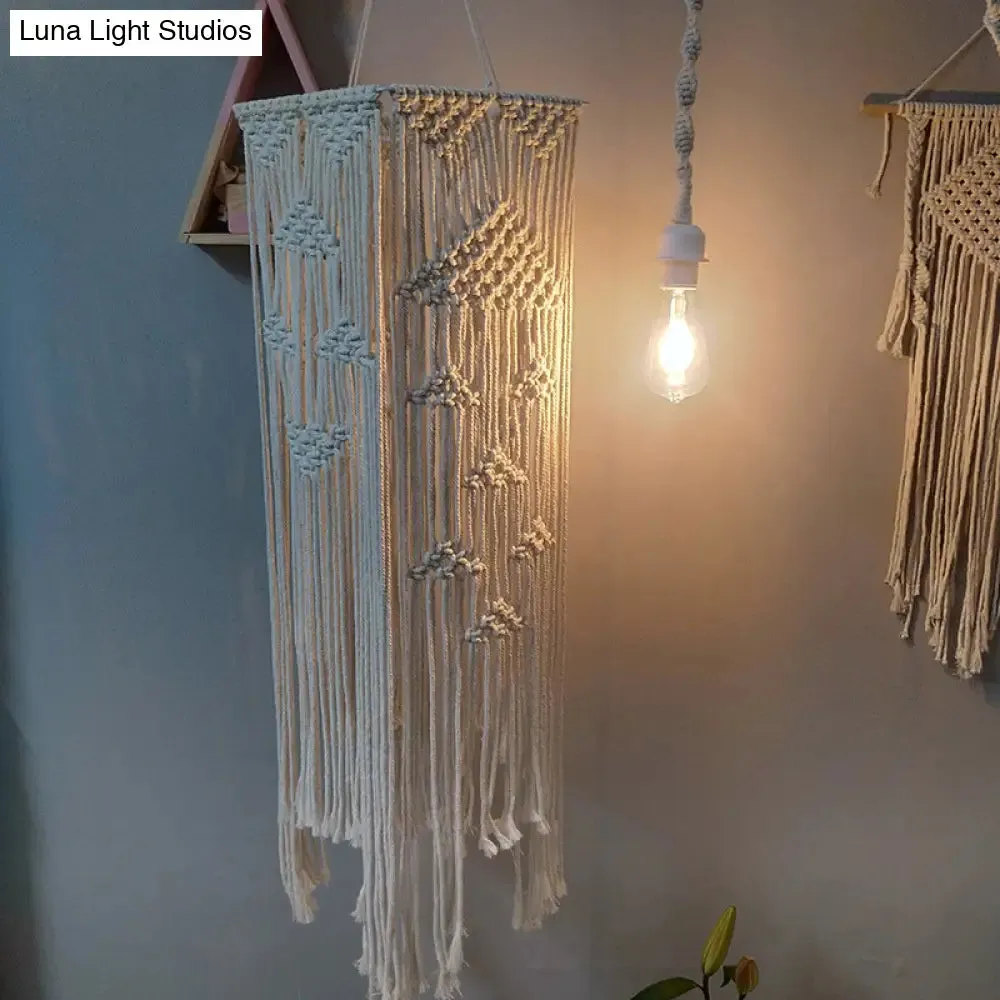 White Pendulum Light - Traditional Rope Braided Rectangle Suspension Lamp for Bedroom