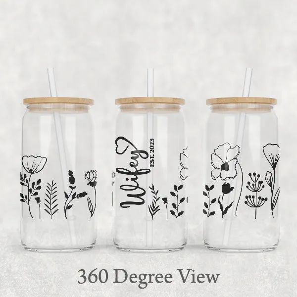 Wifey Glass Can with Established Year - Cute Text & Design - Packaged with Lid, Straw & Box