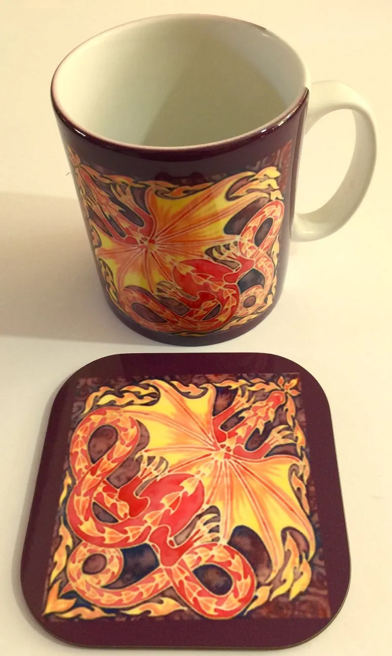 Winged Dragon Mug and Coaster box set or mug only - Red Mug Set - Western Dragon Mug Gift