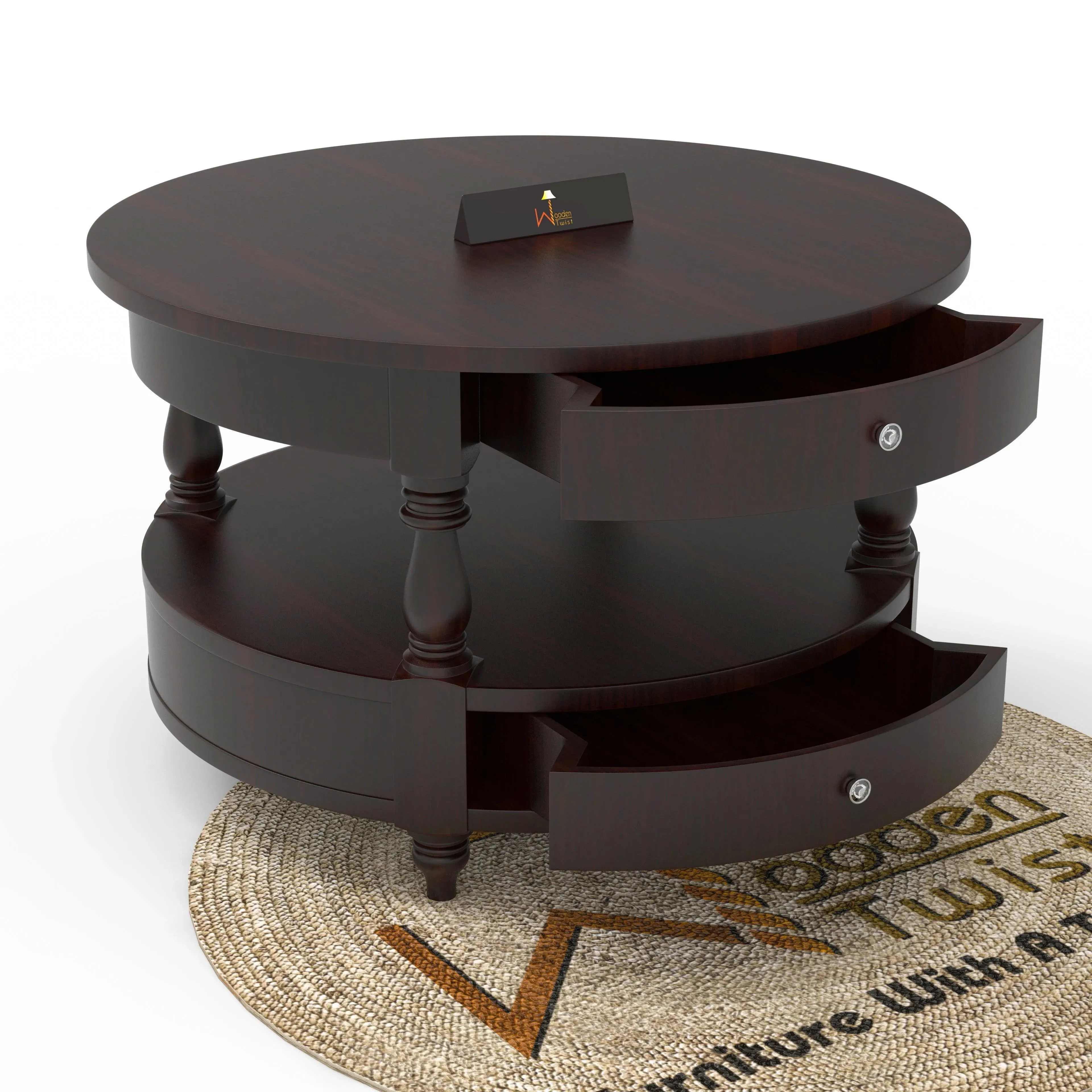 Wooden Twist 2 Drawer Round Teak Wood Coffee Table ( Brown )