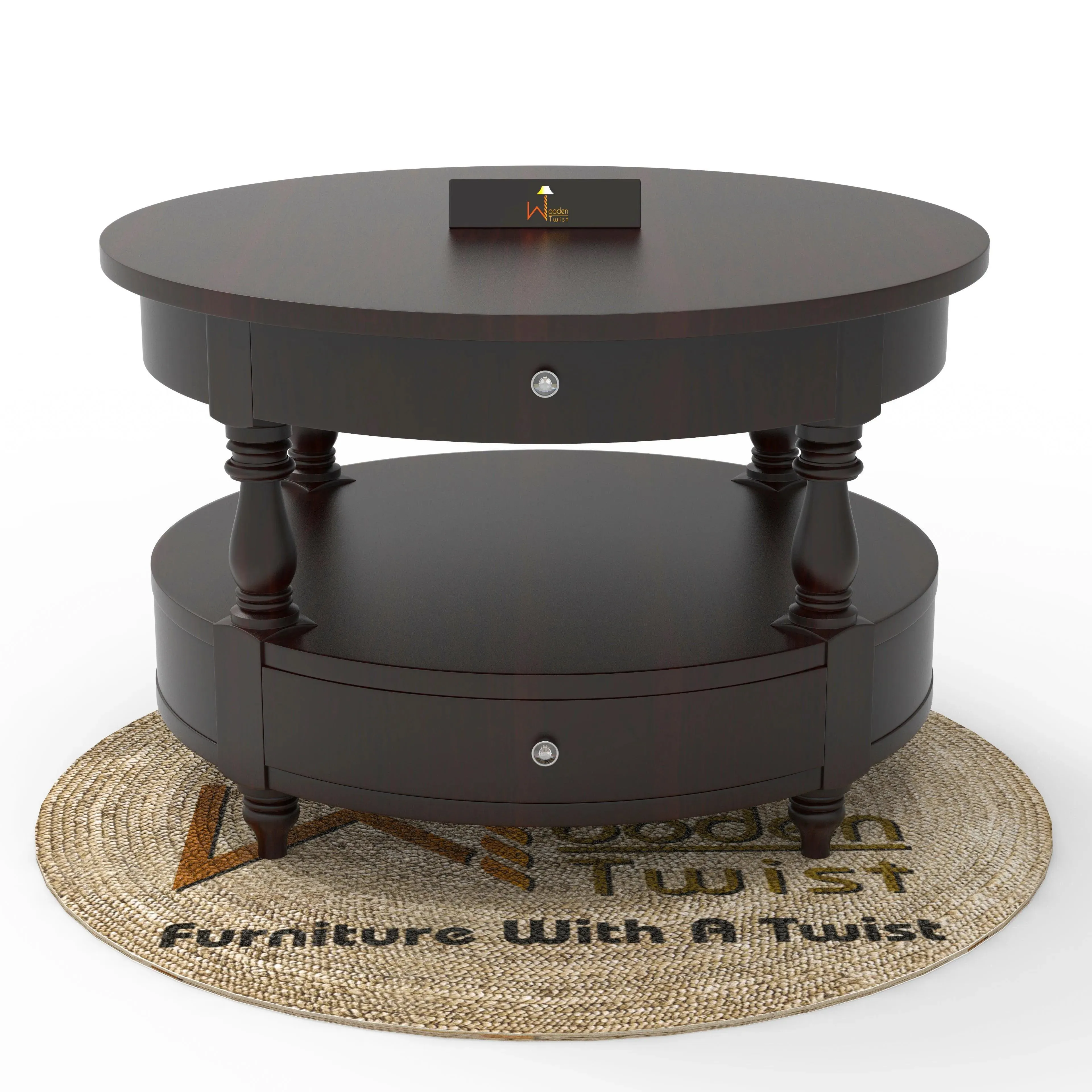 Wooden Twist 2 Drawer Round Teak Wood Coffee Table ( Brown )