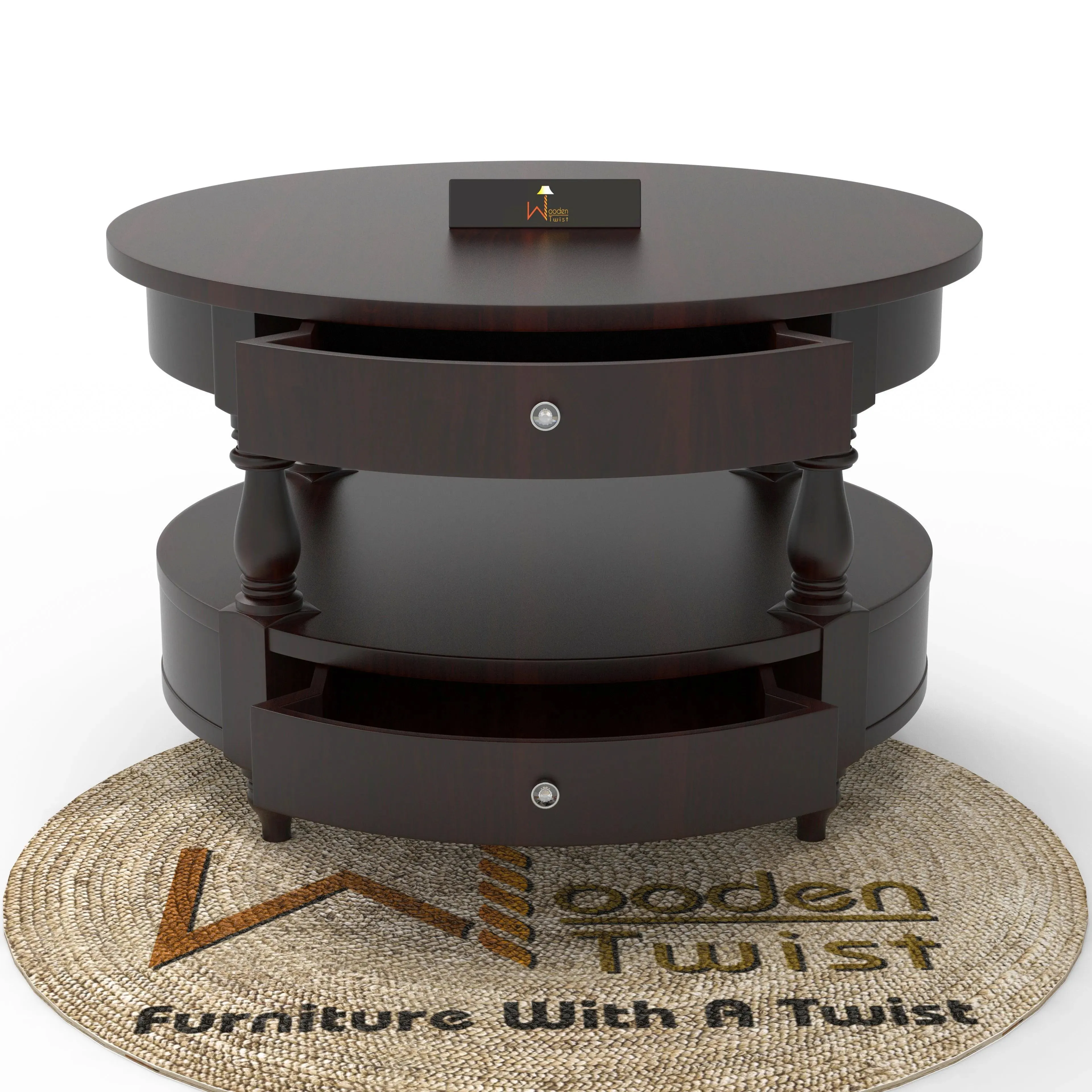 Wooden Twist 2 Drawer Round Teak Wood Coffee Table ( Brown )